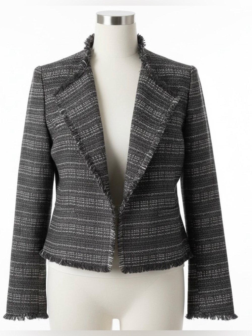 Adrienne Vittadini Tweed Fringe Jacket Open Front Blazer Black Gray Size M